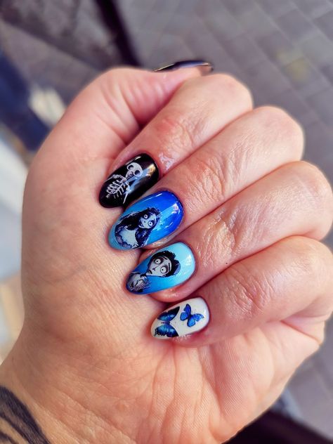 Acrylic Nails Corpse Bride, Corps Bride Nails, The Corpse Bride Nails, Corpse Bride Nails Acrylic, Corpse Bride Nail Art, Corpse Bride Nails, Nails Artwork, Character Nails, Mens Nails