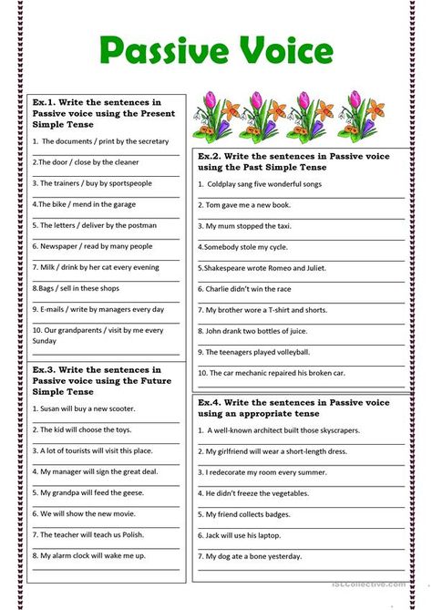 Passive Voice exercises - English ESL Worksheets for distance learning and physical classrooms Passive Voice Exercises, Passive Voice Worksheet, Voice Exercises, Verbs Worksheet, Efl Teaching, Active And Passive Voice, English Grammar Exercises, Passive Voice, Active Passive