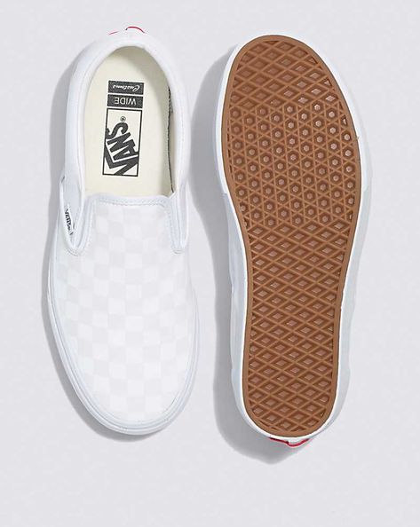 The Classic Slip-On has a laid-back laceless canvas profile, padded collar, elastic accents, and Vans signature Waffle Outsole. Now they’re available in Vans Customs with multiple leather and suede options, exclusive patterns available only in Customs, and the option to Upload Your Art or photos on each shoe from your computer or smartphone. Pick your shoe, pick your colors and patterns, and make them yours. Customised Vans, Foot Games, White Checkered Vans, Vans Store, Vans Checkerboard, Checkered Vans, Skater Shoes, Van Doren, Vans Logo