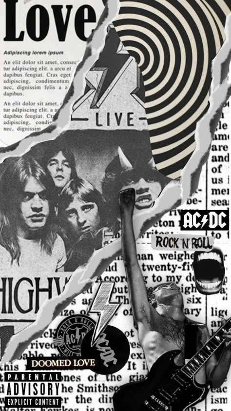 Rock Music Color Palette, Rock N Roll Collage, Indie Rock Aesthetic Wallpaper, Rockstar Collage, Rock N Roll Aesthetic Wallpaper, Alternative Rock Aesthetic, Acdc Aesthetic, Music Collage Aesthetic, Rock Graphic Design