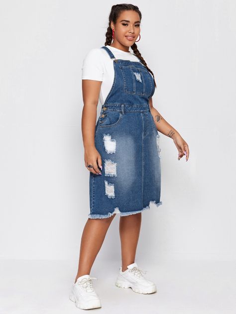 Dark Wash Preppy  Sleeveless Denim Colorblock Pinafore  Non-Stretch  Plus Size Denim Overall Denim Dress, Denim Pinafore Dress, Denim Jumper Dress, Denim Pinafore, Shirt Dress Pattern, Denim Jumper, Plus Size Denim, Office Dresses For Women, Preppy Dresses