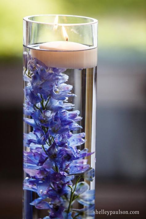 Blue Delphinium Centerpiece, Submerged Flower Centerpiece, Water Centerpieces, Senior Banquet, Lavender Centerpieces, Banquet Decor, Floating Candle Centerpieces, Blue Centerpieces, Lighted Centerpieces