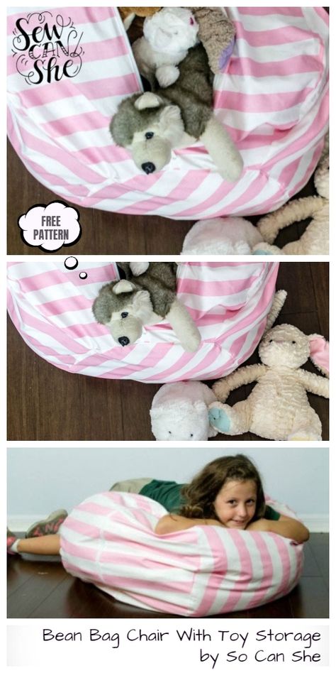 DIY Toy Storage Bean Bag Chair Free Sewing Patterns & Tutorials Stuffed Animal Storage Diy, Bean Bag Chair Pattern, Diy Bean Bag Chair, Diy Bean Bag, Stuffed Animal Bean Bag, Diy Toy Storage, Sewing Projects Free, Patterned Chair, Sewing Stuffed Animals