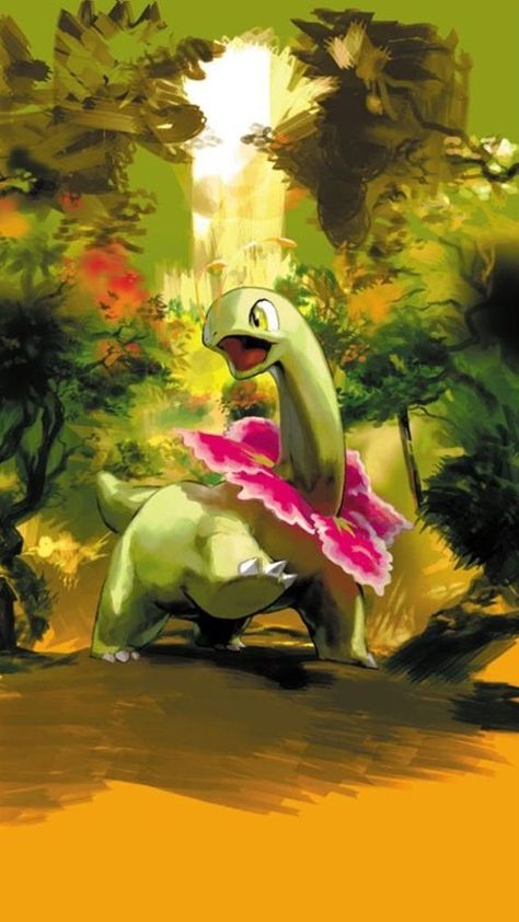 It's Meganium, the final evolution form of Chikorita. Pokemon Official Art, Grass Type Pokemon, Pokemon Official, Pokemon Starters, Wild Pokemon, Cool Pokemon Wallpapers, Pikachu Wallpaper, Grass Type, Type Pokemon