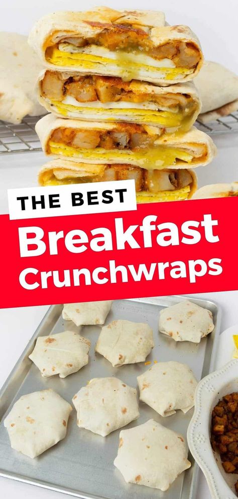 Skip the drive-thru and enjoy this homemade version of the Taco Bell Breakfast Crunchwrap right at home! Crispy breakfast potatoes, fluffy eggs, and a layer of melty cheese wrapped in a soft tortilla and baked to toasty perfection. Tortilla Breakfast Ideas, Taco Bell Breakfast, Breakfast Crunchwrap, Crunchwrap Recipe, Crispy Breakfast Potatoes, Breakfast Tortilla, Diner Food, Mini Breakfast, Breakfast Slider