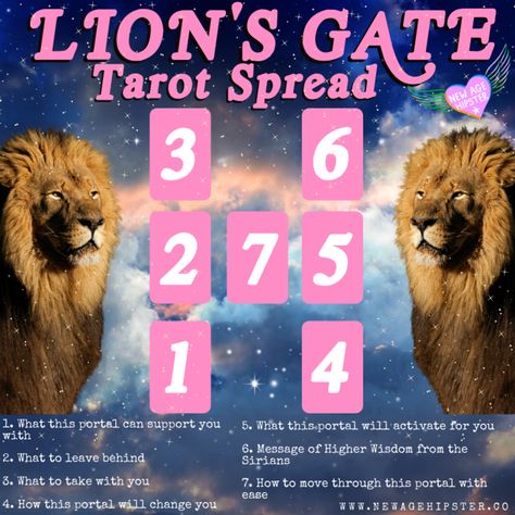 Lion's Gate 88 Tarot Spread Lions Gate Tarot Spread, New Moon Magic, Oracle Spreads, Witchy Women, Tarot Magic, Tarot Card Spreads, Lions Gate, Reading Tarot, Woo Woo