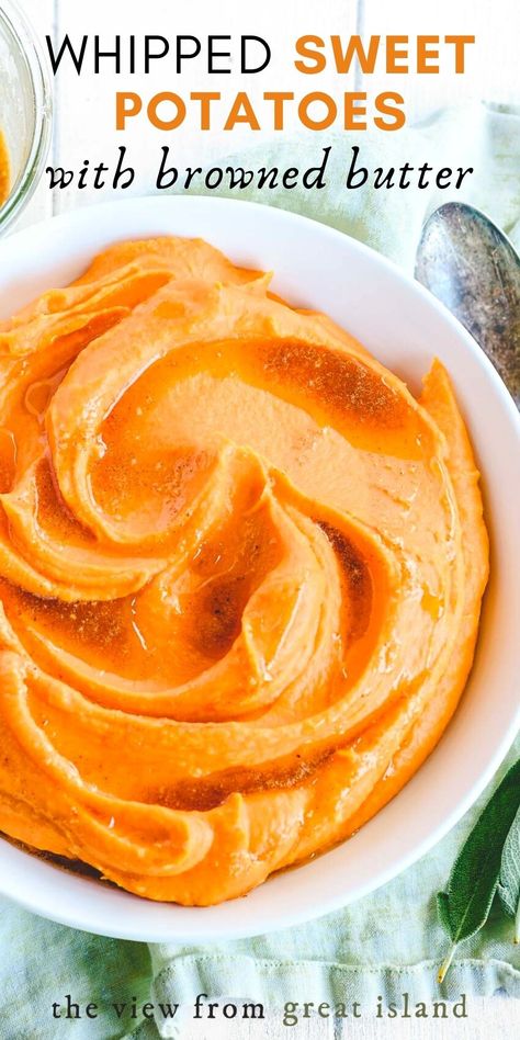 Whipped Sweet Potatoes with Browned Butter is a bowl of sunshine for your winter table. This creamy mash is easy, comforting, and delicious!rn#sweetpotatoes #mashed #easy #sidedish #Thanksgiving #christmas #rootvegetable #mashedpotatoes #healthy #brownedbutter Whipped Mashed Sweet Potatoes, Yule Food, Whipped Sweet Potatoes, Easy Veggie Side Dish, Side Dishes For Fish, Sweet Potato Recipes Mashed, Sweet Potato Thanksgiving, The View From Great Island, Whipped Potatoes