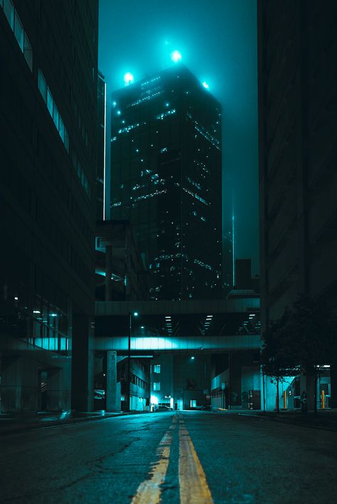 A low to the ground shot in the middle of a street in downtown Dallas. City At Night Background, Cityscape Night Photography, Night City Landscape Photography, Dark City Photography, City At Night Photography, City At Night Art, Batman Technology, Background Night City, City Night Background