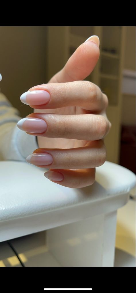 Simple Oval French Nails, French Nails With Almond Shape, Shorter Almond French Tip Nails, Xs Almond Nails French, Shirt French Tip Nails Almond, Vanilla French Manicure Nails, American French Manicure Almond, Fresh Almond Nails, Mini French Nails Almond