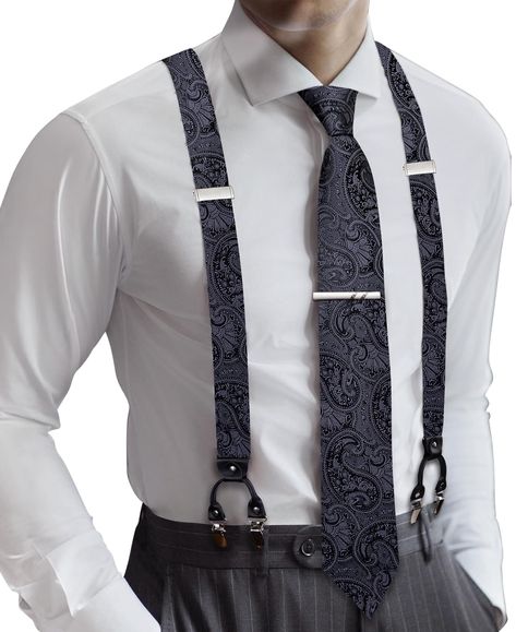 PRICES MAY VARY. HIGH-QUALITY SILK-Fabric soft and comfortable,content rich,1*Suspender +1*Tie+1*Pocket Square+ 2*Cufflinks+a free clip,different color for you to choice,an essential accessory for a man's wardrobe. SIZE-Suspender:1.4*59inches(3.5*150cm).BowTie:4.7*2.4inches(12*6cm),Adjustable according to neck-size:11-19inches(28cm-48cm),And its length is adjustable and could fit for the body shape of most customers. Special Clips Design: Y type suspender with 6 metal strong clips can help to ke Clip On Suspenders Men, Men’s Suspenders, Suspenders With Tie, Sleeve Holders, Suspenders Wedding, Suit Shorts, Black Suspenders, Jacquard Ribbon, Oc Inspiration