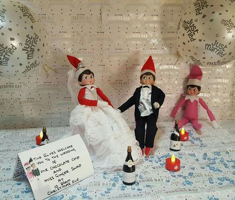 ELF ON THE SHELF  ELF ON THE SHELF  ELF ON THE SHELF  ELF ON THE SHELF Elf On Shelf Wedding, Elf Proposal, Pregnant Elf On The Shelf, Elf On The Shelf Wedding, Eots Ideas, Funny Elves, Elf Wedding, Elf Is Back Ideas, Monk Pictures