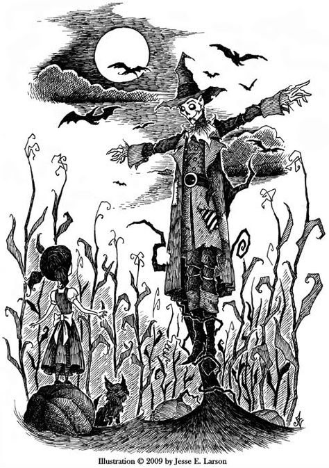 One of many images I adore by the amazingly talented Jesse Larson.  An untitled scene with Dorothy and Toto meeting the Scarecrow. Dorothy And Scarecrow, Scarecrow Illustration, Scarecrow Tattoo, Scarecrow Drawing, Scarecrow Art, Oz Wizard, Twisted Tales, Scary Scarecrow, Witch Drawing