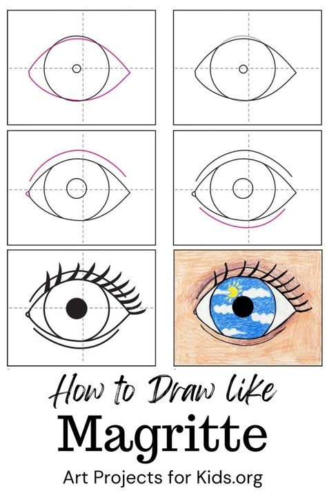 Magritte Eye Art Project, Surreal Art Drawing Easy, How To Draw An Eye, Eye Lesson, Draw An Eye, Magritte Art, Art Sub Lessons, Tutorial Drawing, Middle School Art Projects