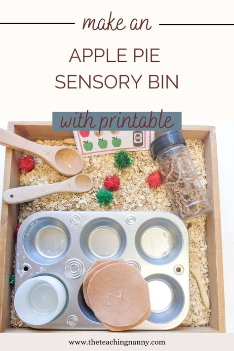 Sensory Bin With Oats, Apple Pie Sensory Bin Preschool, Oat Sensory Bin, Baking Sensory Bin, Apple Pie Sensory Bin, Apple Sensory Bin, Pie Sensory Bin, Sensory Bin Preschool, Thanksgiving Lesson Plans