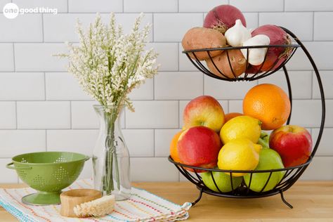 This Is The Best Way To Store Fresh Fruit To Make It Last Longer · One Good Thing by JilleePinterestFacebookPinterestFacebookPrintFriendly Store Fruit On Counter, Fruit Display Ideas Kitchen, Fruit On Counter, Fruit Display Ideas, Store Fruit, Command Center Kitchen, Ikea Raskog, Fruit Nutrition, Counter Clutter