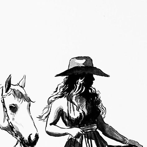 Cowgirl Drawing Aesthetic, Cowgirl And Horse Drawing, Yallternative Art, Cowboy Drawing Easy, Cowgirl Sketch, Cowgirl Drawing, Western Sketches, Country Drawings, Western Drawings