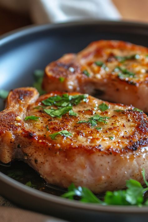 Two perfectly seared pork chops garnished with fresh parsley in a black skillet. Garlic Crusted Pork Chops, Sides For Pork Chops, Pork Chop Marinade Recipes, Healthy Pork Chop Recipes, Crusted Pork Chops, Pork Chop Dishes, Parmesan Crusted Pork Chops, Boneless Pork Chop Recipes, Pork Chop Recipes Crockpot