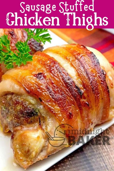 This chicken recipe is a very hearty dinner recipe. Stuffed with sausage and cheese, then wrapped with bacon, the chicken thighs are the ultimate comfort food Chicken Thigh Casserole, Stuffed Chicken Thighs, Heavenly Chicken, Caesar Chicken, Wrapped In Bacon, Cornish Hens, Norwich Terrier, Boneless Chicken Thigh Recipes, Chicken Thigh Recipes Baked