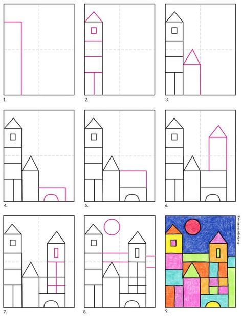 Sun Art Project, Castle Art Projects, Paul Klee Paintings, Paul Klee Art, Castle Drawing, 2nd Grade Art, Castle Art, Art Videos Tutorials, Elementary Art Projects