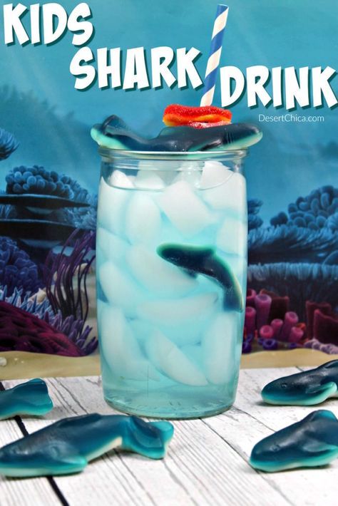 Shark Lunch Ideas, Shark Punch For Kids, Shark Drinks For Kids, Shark Week Drinks For Kids, Gummy Shark Drink, Blue Shark Drink, Shark Party Games, Shark Week Activities For Kids, Shark Treats