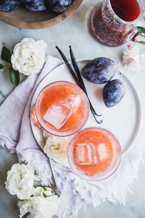 This vanilla bean-plum shrub can be sipped on—or shared with the under-21 crowd—with a little club soda added, or paired with a spirit and turned into a cocktail for the adults to enjoy. Cocktails Healthy, Cocktails Ideas, Modern Proper, Colorful Cocktails, Mocktail Recipe, Snacks Für Party, Stone Fruit, Mixology, Refreshing Drinks