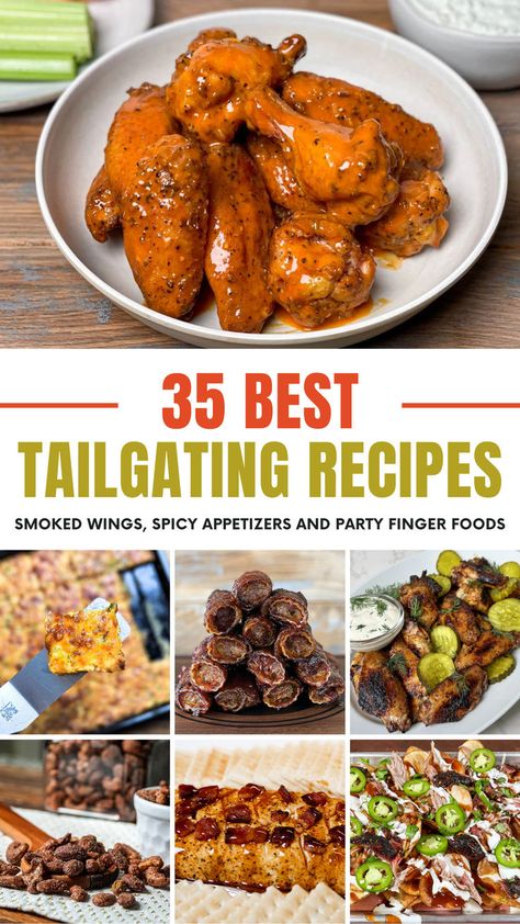 Seven-image collage of various tailgate foods. Pesto Ravioli Recipe, Easy Appetizers For A Crowd, Finger Foods For Parties, Wings Spicy, Pesto Ravioli, Football Tailgate Food, Foods For Parties, Messy Party, Tailgate Treats