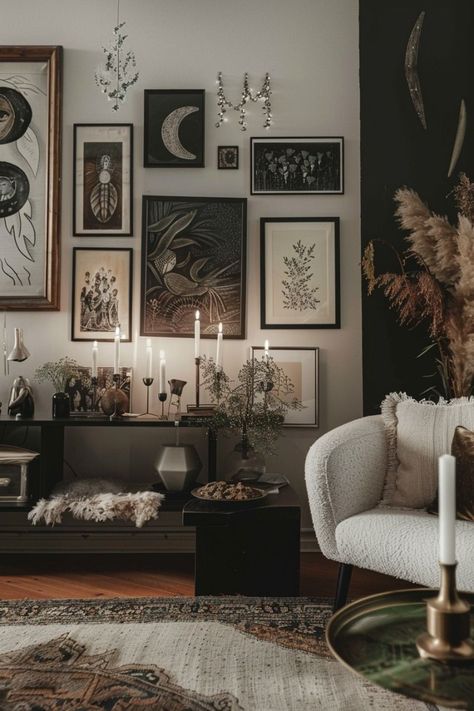 Black And Earthy Aesthetic, Picture Wall Black Frames, Goth Decor White Walls, Dark Feminine Aesthetic Home, Maximalist White Walls, Dark Academia With White Walls, Dark Academia White Walls, Witchy Gallery Wall, Dark Academia Apartment Aesthetic