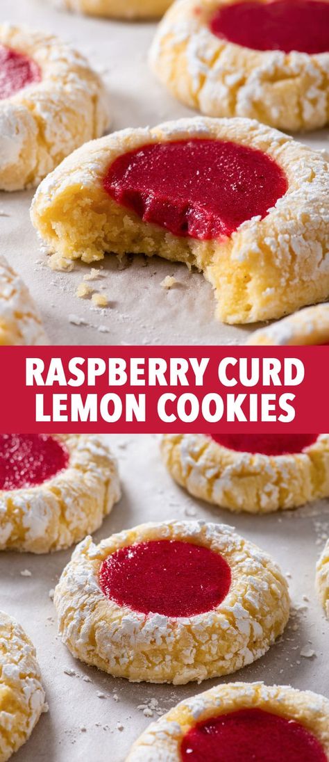 Raspberry Curd Lemon Cookies - These raspberry curd lemon cookies are the perfect summer treat. The lemon cookies are zesty and melt-in-the-mouth buttery, and they’re baked with a generous dollop of slightly tart, refreshing raspberry curd in the centre. They’re also gluten free but honestly, they’ll be a hit with absolutely everyone. Raspberry cookies. Lemon crinkle cookies. Gluten free cookies. Gluten free recipes. Summer recipe ideas. Crinkle Cookies Gluten Free, Raspberry Lemon Curd, Summer Recipe Ideas, The Loopy Whisk, Lemon Curd Cookies, Curd Cookies, Loopy Whisk, Raspberry Curd, Cookies Lemon