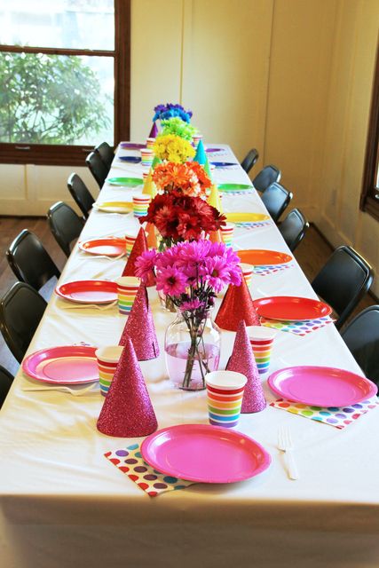 Rainbow Art Birthday Party Ideas | Photo 11 of 21 | Catch My Party Rainbow Table Decorations, Rainbow Table Decor, Art Birthday Party Ideas, Birthday Art Party, Rainbow Art Party, Art Themed Party, Art Party Ideas, Rainbow Table, Rainbow Party Ideas