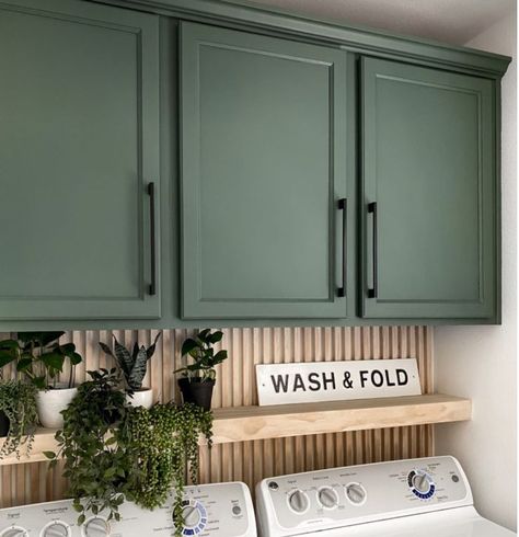 Laundry Room Inspiration Modern, Green Accent Wall Laundry Room, Laundry Room Bar, Wood Backsplash Laundry Room, Laundry Space In Kitchen, Laundry Room Makeover With Window, Small Boho Laundry Room, Laundry Closet With Cabinets, Wood Slat Wall Laundry Room