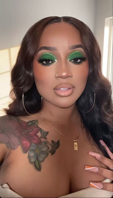 Prom Green Makeup Looks, Green Glam Makeup For Black Women, Dark Green Makeup Looks Black Women, Green Prom Makeup Looks Black Women, Green Makeup Black Women, Green And Gold Makeup Looks Black Women, Green Eyeshadow Looks For Black Women, 90s Makeup Black Women, Bright Under Eye Makeup Black Women