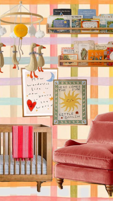 Nursery #homedesign #homedecor #homedecorinspo Unisex Nursery Colorful, Matilda Goad Nursery, Bright And Colorful Nursery, Charlottes Web Nursery Theme, Artsy Nursery Ideas, Cool Girl Nursery, Small Nursery Ideas Colourful, Friends Themed Nursery, Vintage Rainbow Nursery