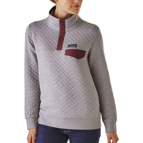 Patagonia - Cotton Quilt Snap-T Pullover Sweatshirt - Women's - Drifter Grey/Dark Ruby Hiking Fashion Women, Quilted Pullover, Woman Hiking, Pullovers Outfit, Womens Outdoor Clothing, Patagonia Pullover, Hiking Fashion, Outdoor Clothing, Pullover Jacket