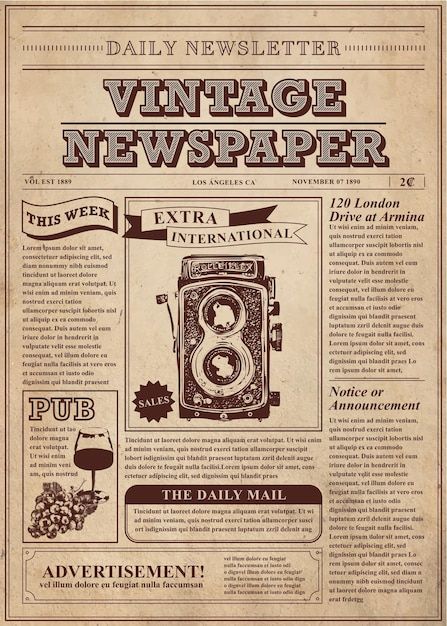 Vintage newspaper with camera and wine | Premium Vector #Freepik #vector #old-style #old-poster #old-design #vintage Trucking Logo Design, Vintage Car Logo, Newspaper Wedding Invitations, Trucking Logo, Adventure Logo Design, Shakespeare Twelfth Night, Newspaper Wallpaper, Scientific Poster Design, Newspaper Vintage