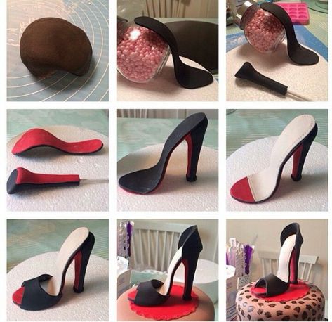 Shoe Cake Ideas, Fondant Shoe Tutorial, Fondant High Heel, Fondant Shoes, Cake Shoes, Shoe Cupcakes, Shoes Cake, Diy Fondant, Shoe Cakes