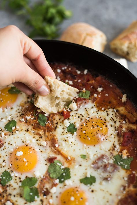 This Easy Chipotle Shakshuka (Baked Eggs in Tomato Sauce) is a smoky vegetarian and gluten free dish that even the biggest meat eater will love. Perfect for breakfast, brunch and even dinner. Shakshuka With Feta, Zucchini Pommes, Yeast Free Diet, Harissa Recipes, Shakshuka Recipes, Feta Recipes, One Skillet Meals, Spicy Tomato Sauce, Gluten Free Dishes