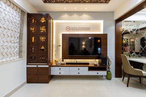 Tv Showcase With Pooja Room, Living Room Partition With Temple, Tv Unit Design With Pooja Room, Small Tv Unit With Puja Unit, Pooja Room Attached With Tv Unit, Living Room Mandir Design, Tv Unit With Pooja Unit Design, Tv Unit With Pooja Unit In Living Room, Pooja Room With Tv Unit