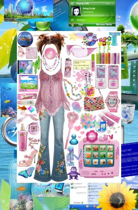 Y2K 2000s aesthetic blue green pink purple nostalgia embroidered vaporwave outfit shoplook Nostalgia Core Aesthetic Outfit, Funky 2000s Outfit, Cleancore Aesthetic Outfit, Colorful Y2k Aesthetic, Nostalgia Core Outfits, Frutiger Outfits, Frutiger Areo Outfit, Frutiger Aero Aesthetic Outfits, Frutiger Metro Outfits