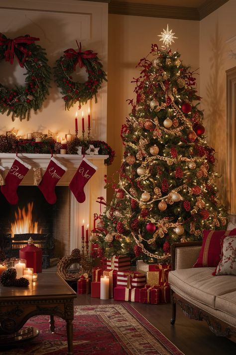 Traditional Christmas Decor Living Room, Traditional Christmas Living Room Decor, Decorating Your Living Room For Christmas, Traditional Christmas Theme, Christmas Tree Decorations Traditional, Vintage Traditional Christmas Decor, Classic Christmas Decor Living Room, Warm Christmas Decor Ideas, Cozy Christmas Living Room Ideas