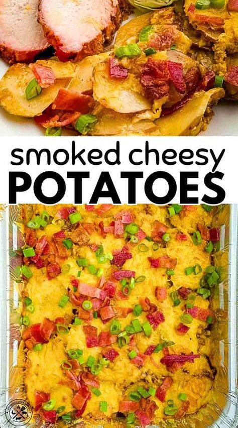 Pellet Smoker Potato Recipes, Smoked Cheesy Potatoes, Traeger Potatoes Recipe, Smoked Potatoes Recipes, Potatoes On Smoker, Pellet Grill Potato Recipes, Potatoes On Pellet Grill, Pellet Grill Baked Potato, Cheesy Red Potatoes