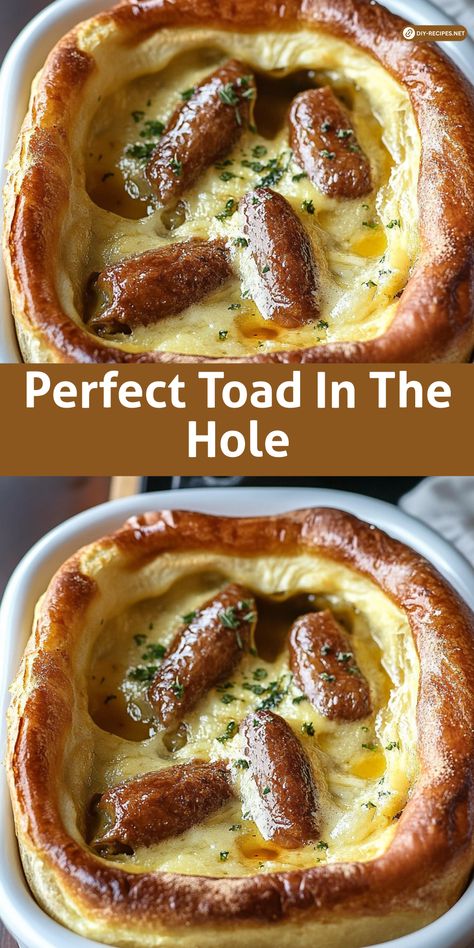 Get perfect Toad In The Hole every time with this foolproof recipe! Tender sausages and a golden, puffed-up batter make this a family favorite. Toad In The Hole Recipe Jamie Oliver, Toad In A Hole Recipe, Toad In The Hole Recipe Easy, Irish Coddle Recipe, Toad In The Hole Recipe, Toad In A Hole, Dnd Food, Fireplace Cooking, Slow Food Movement