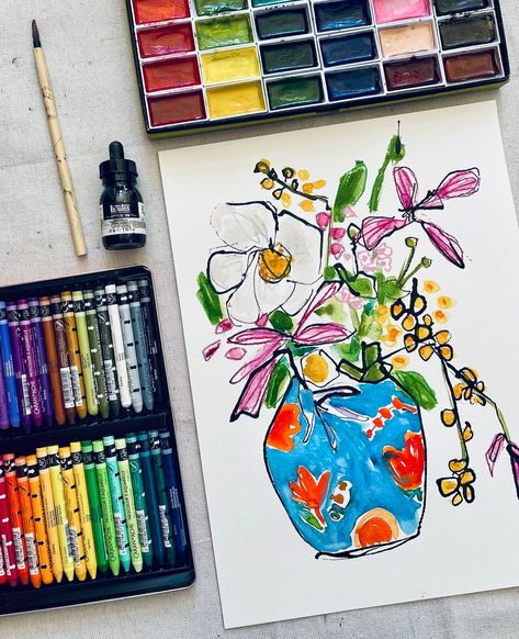 The vase steals the show! 😍 I named this one Easy Going because that’s how it felt to make. Easy Going Mixed Media (ink, watercolor, wax pastel) 11x14 $200 Wax Pastel Art, Wax Pastel, Water Color Pencil, Ink Watercolor, Unusual Flowers, Color Pencil, Easy Going, Colored Pencils, Flower Painting