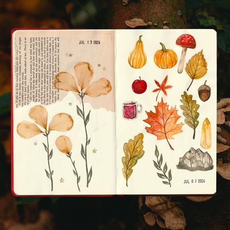 🍂🌰🍁 It’s been a very hot and sunny summer so far where I live and tbh… I’m done!! Bring me the orange leaves and the rain already 😂 Here a autumnal sketchbook spread while we wait for Fall to arrive! 🏷️ #sketchbook #sketchbookart #sketchbookartist #sketchbookpages #sketchbookspread #autumn #autumnvibes #fall #fallvibes #autumnart #watercolor #collage #botanical Autumn Sketchbook, Collage Sketchbook, Autumn Drawing, Watercolour Sketchbook, Sketchbook Spread, Watercolor Collage, Leaves Watercolor, Orange Leaves, Acrylic Gouache