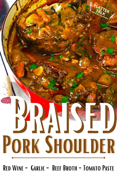 Braised Pork Roast Recipes, Pork Shoulder Healthy Recipes, Pork Shoulders Crockpot, Pork Shoulder Roast Dinner Ideas, Pork Shoulder Christmas Dinner, Small Pork Shoulder Recipes, Pork Braised Recipes, Pork Roast Shoulder Recipes, Pork Shoulder Dinner Ideas