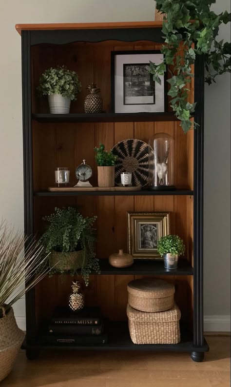 Black And Natural Wood Bookcase, Upcycled Furniture Bookcase, Dark Brown Bookshelf Decor, Book Shelves Makeover, Particle Board Bookshelf Makeover, Green And Wood Bookshelf, Book Shelf Redo, Pine Bookcase Makeover, Book Shelf Refurbished