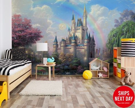 Castle Kids Wallpaper Baby Girl Room Decor Fairytale Castle | Etsy Mural Pattern, Castle Mural, Rainbow Castle, Large Wall Murals, Wall Graphic, Forest Wall Mural, Castle Wall, Removable Wall Murals