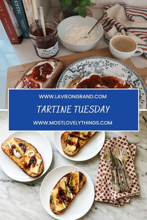 Graphic that says Tartine Tuesday with tartines on plates. French Eating Habits, French Tartine, French Breakfast Ideas, French Breakfast Aesthetic, Parisian Diet, French Philosophy, French Lunch, French Breakfast, French Aesthetic