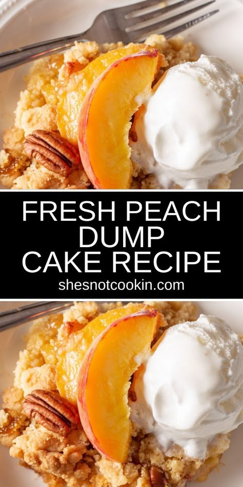 Peach dump cake with vanilla ice cream on a white plate. Fresh Peach Dump Cake, Cake Mix Peach Cobbler, Peach Desserts Easy, Peach Cobbler Cake, Peach Cake Recipes, Yellow Cake Mix Recipes, Peach Cobbler Dump Cake, Fresh Peach Recipes, Peach Dump Cake