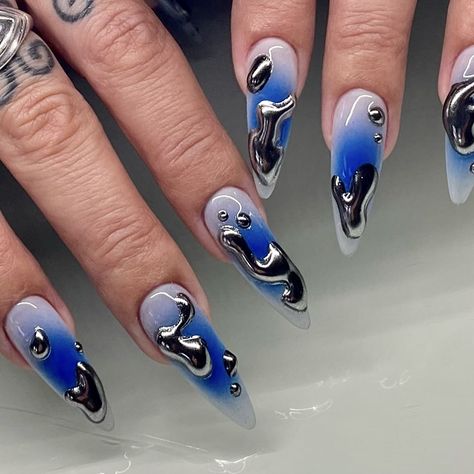 Blue And Silver Nails, Punk Nails, Airbrush Nails, Silver Nail, Edgy Nails, Grunge Nails, Her Nails, Classy Acrylic Nails, Crazy Nails