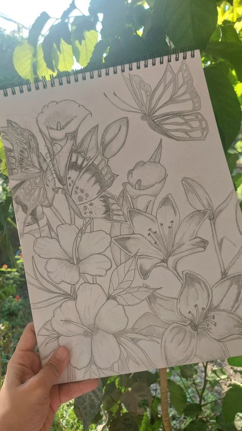 Flowers butterflies pencil drawing sketch Flower Drawing With Butterfly, Flowers Butterfly Drawing, Butterflies On Flowers Drawing, Nature Composition Drawing, Butterfly Bush Drawing, Flowers And Butterfly Drawing, Flower Wall Drawing, Things To Draw Butterfly, Asthetic Drawings Pencil